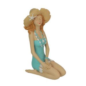 Charming Redhead Bathing Beauty Figurine – 7.75", Straw Hat, Coastal Decor